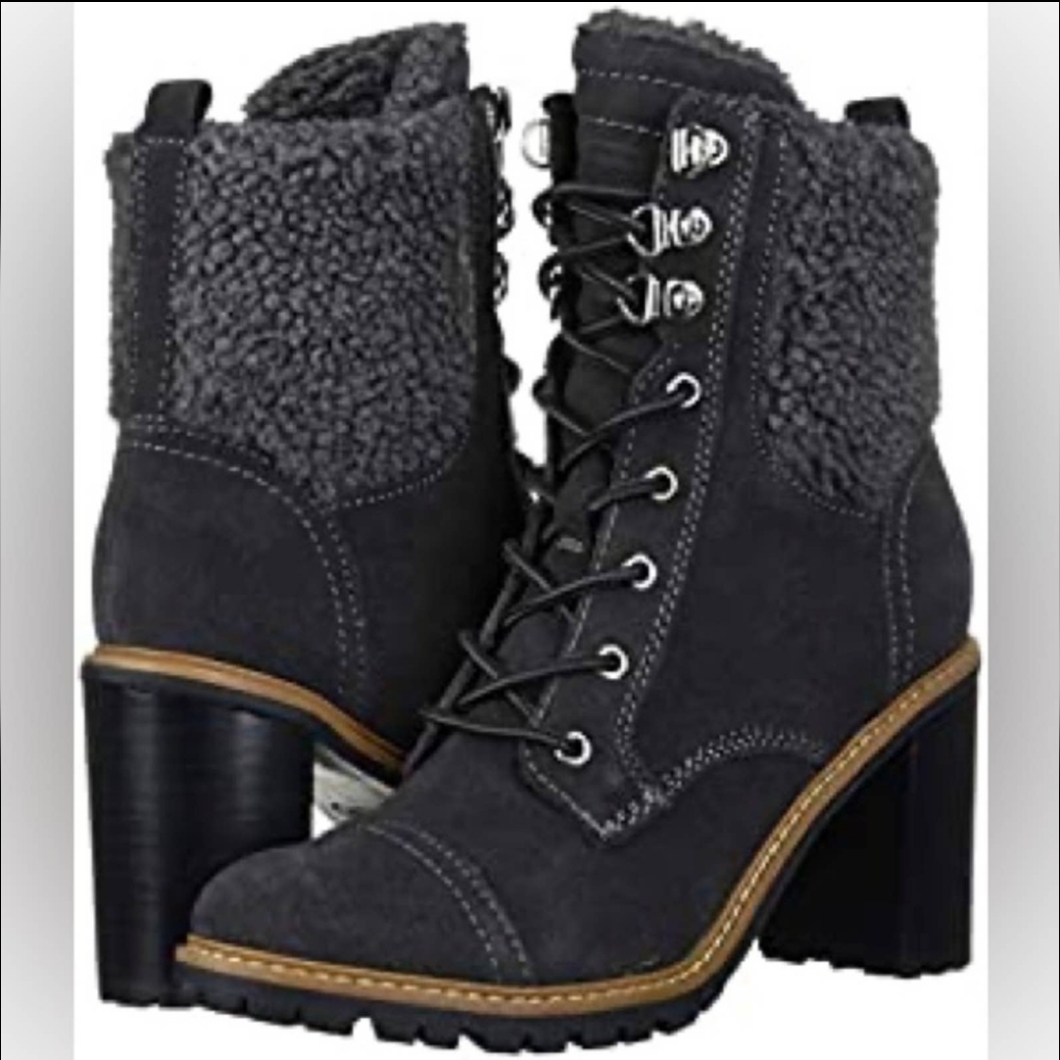 Nine West Grey Fur Lace Up Combat Boots Size 7